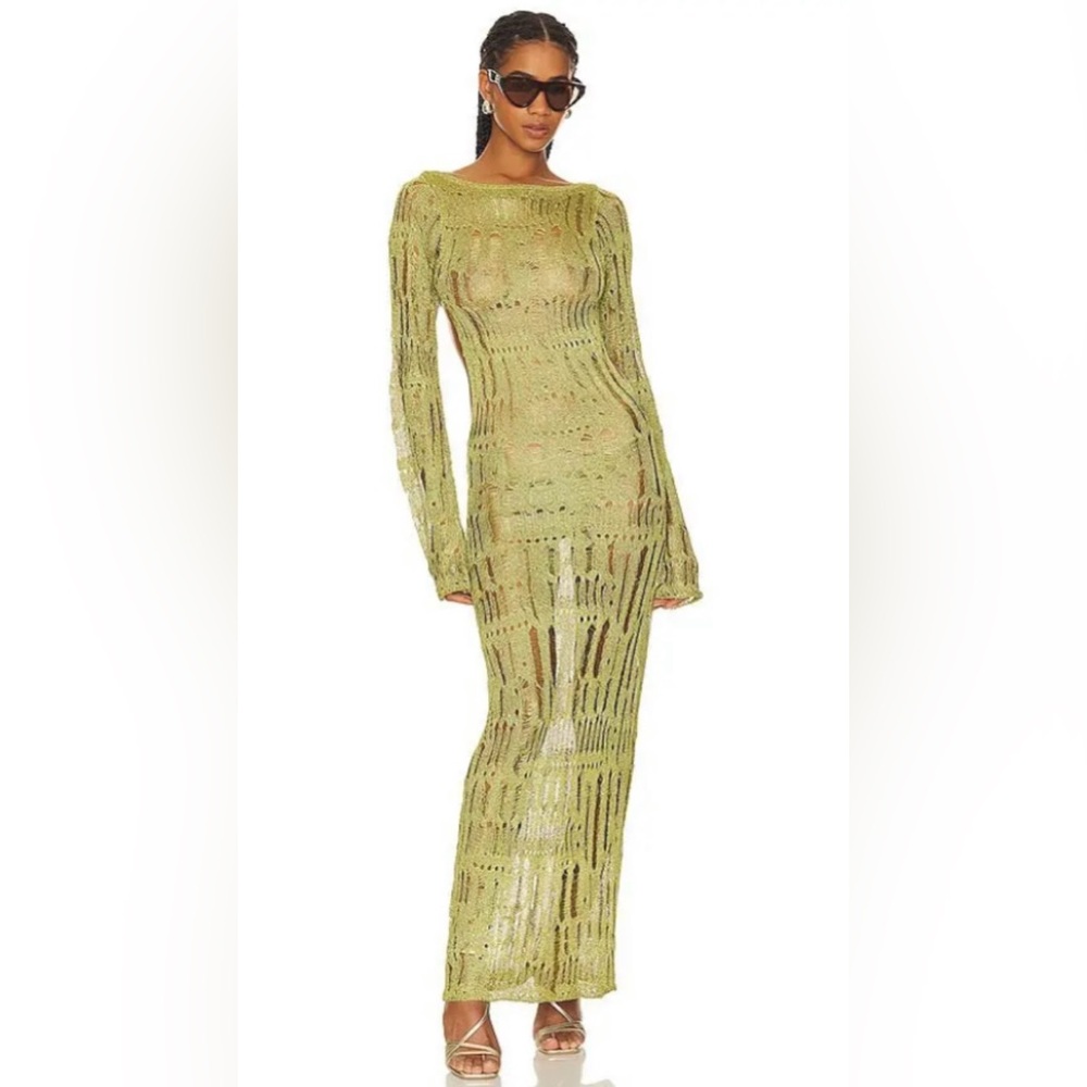 Jaded London Size Medium Moss Green Metallic Umbra Open Back Maxi Dress